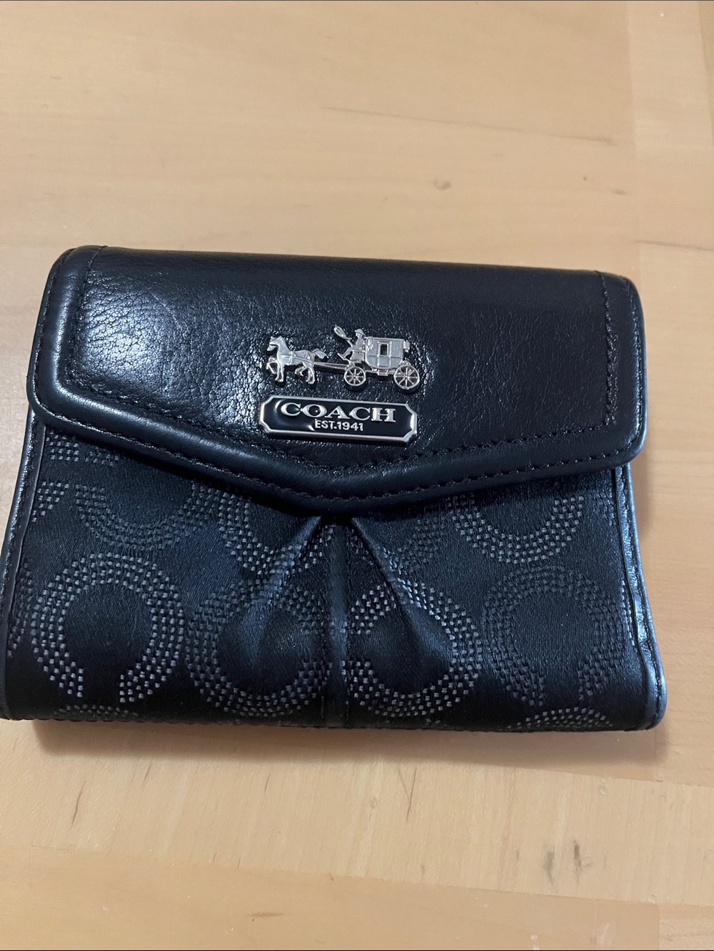 Coach Black Signature Nylon and Leather Tri-Fold Wallet with Silver Hardware